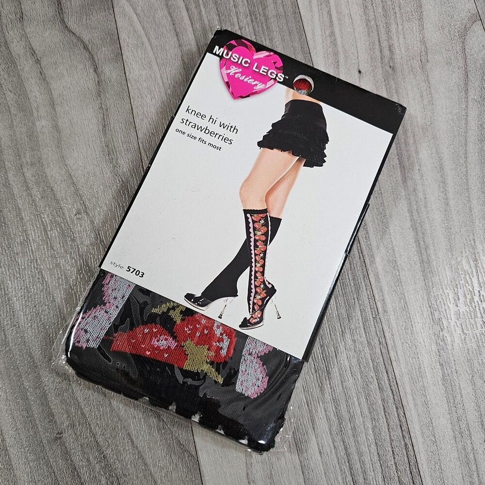 Music Legs 5703 Women's Strawberry Knee High Socks Black Red One Size Opaque
